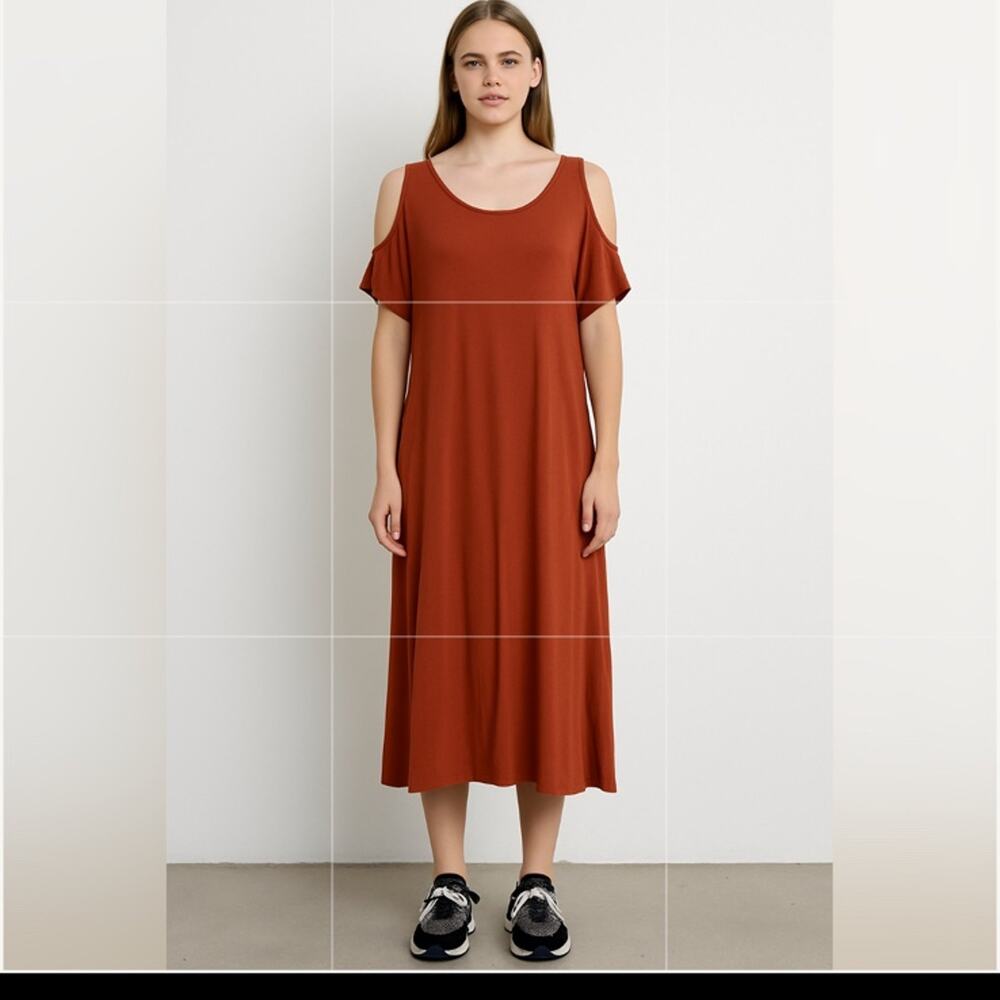 NWT Love In Rust Orange Cold Shoulder Hi-Low Midi Tunic Dress Size Medium